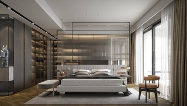3D konforlu otel odası, yatak odası iç mekan.