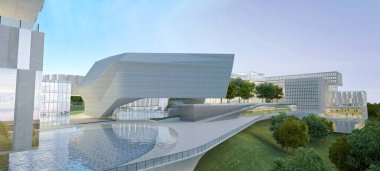 3D render alışveriş merkezi bina dış görünümü