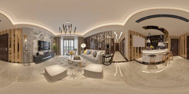 360 derece manzara, Modern Açık Konsept Mutfak ve Oturma Odası İç Mimarisi 3D