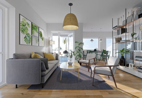 Современная открытая концепция кухни и гостиной 3D рендер