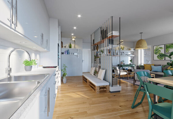 Современная открытая концепция кухни и гостиной 3D рендер