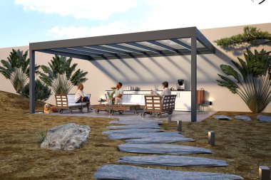 3D dış yemek alanı, veranda örtüsü.