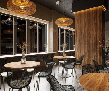 Kafe restoranının 3D görüntüsü.