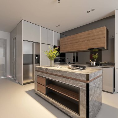 Şık bir uzaktan kumandalı lüks oturma odasının çarpıcı 3 boyutlu görüntüsü.