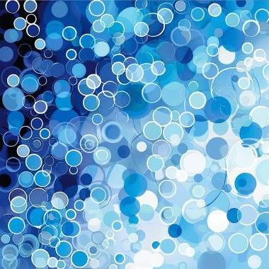 Bir sürü mavi daireli mavi ve beyaz bir arka plan. Daireler farklı boyutlarda ve görüntüye dağılmış durumda. Sahne sakin ve sakin, mavi