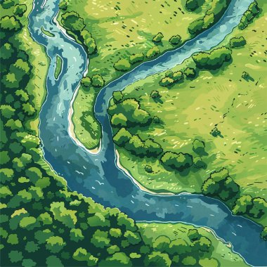 Her iki tarafında ağaçlar olan yeşil bir nehir. Su sakin ve berrak.