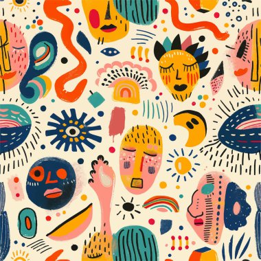 Yüzlerin ve diğer nesnelerin renkli ve soyut bir resmi. Resim parlak renklerle dolu ve eğlenceli ve kaprisli bir havası var. Yüzler çeşitli tarz ve boyutlarda çizilmiş.