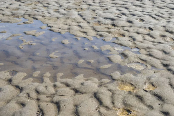 Solo Lagoa Seca Com Areia Ondulada Formas Granulares Pouco Água — Fotografia de Stock
