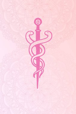 The Rod of Asclepius on the pink background and with graphic mandala elements