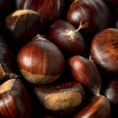 Kestanelere yakından bak, tarımsal hasat konsepti. Sağlıklı, mevsimlik yiyecekler.