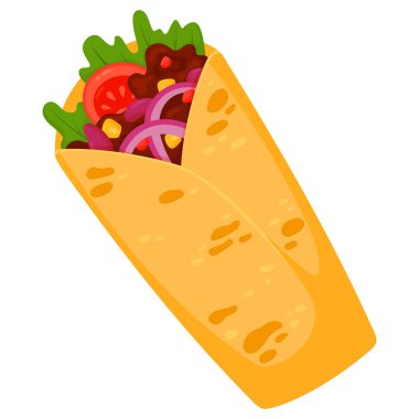 Beyaz arka planda izole edilmiş lezzetli burrito karikatür çizimi. Meksika fast-food atıştırması, sokak yemekleri, Tex Mex menüsü. Et, fasulye ve sebzeyle doldurulmuş tortilla rulosu.