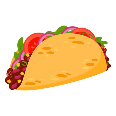 Beyaz arka planda izole edilmiş lezzetli taco karikatürü çizimi. Meksika fast-food atıştırması, sokak yemekleri, Tex Mex menüsü. Etli, fasulyeli ve sebzeli Tortilla sandviçi.