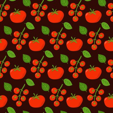 Domates ve fesleğen desenli, yalıtılmış sebzeli ve koyu arkaplanda dallı. Olgun kırmızı organik domatesler kumaş, tekstil, kağıt, duvar kağıdı ve mutfak dekorasyonu için tasarlandı.