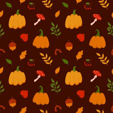 Sonbahar Doğa Elementleri Karanlık Arkaplanda Kusursuz Desen. El yapımı balkabağı, yaprak, mantar, dut, meşe palamudu. Mevsimlik Tekstil, Ambalaj kağıdı, Davetiye ve Şükran Günü Dekorasyonu için mükemmel.