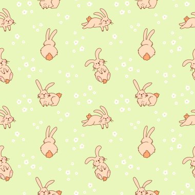 Şirin pofuduk tavşanlar, el çizimi, pürüzsüz desen. Meadow 'da oynaşan sevimli tavşanlar. Çocuk odası duvar kâğıdı, Paskalya Ambalajı ve Dijital Projeler için Oyuncu Çizgi Film Arkaplanı