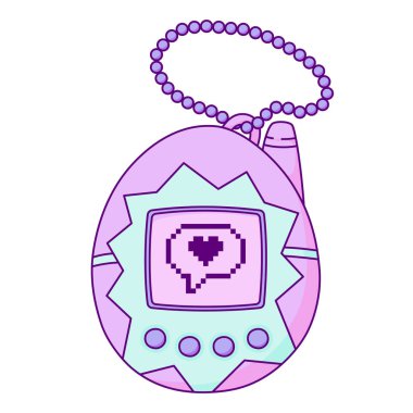 Cute Retro Virtual Pet Toy Hand Drawn Illustration Isolated on White Background. Nostalgic Artificial Pet Device with Screen Display, Pixel Print, Buttons clipart