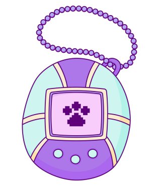 Beyaz arka planda izole edilmiş sevimli Retro Sanal Oyuncak El Çizimi. Ekran Görüntülü Nostaljik Yapay Hayvan Aygıtı, Piksel Pençe Yazdırma, Düğmeler