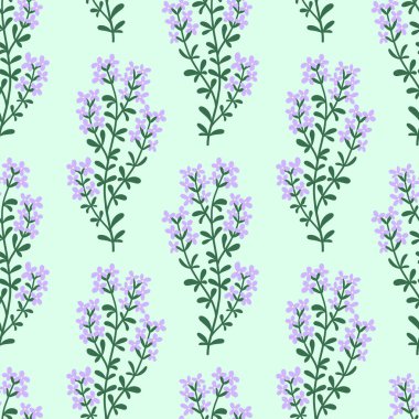 Açık Yeşil Arkaplanda Çiçek dallarıyla Çiçeksiz Lavanta deseni. Kumaş, Ambalaj Kağıdı, Tekstil veya Paketleme İçin Şirin Bahar Çiçeği Tasarımı