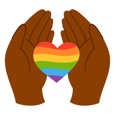 Black Palms Holding Rainbow Heart 'ı beyazın izole edilmiş haliyle açtı. LGBTQ + Gurur Sembolü Sevgi, Kapsama ve Çeşitliliği Kutluyor. Gurur Ayı ve Eşitlik Temaları İçin Ellerin Renkli Resmedilmesi