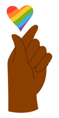 Siyah El, Mini Kalp yapıyor. Gökkuşağı Kalbi Beyazın Üzerinde. Renkli LGBTQ + Gurur Ayının Sembolü Sevgi, Eşitlik ve Katılım Kutlaması