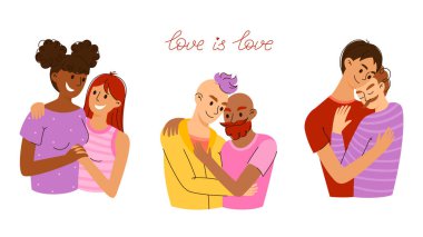 Romantik İlişkide 3 Eşcinsel Sarılma Çifti. Mutlu ve Gülümseyen Gay, Lezbiyen ve Aşık Eşcinsel İnsanlar. Aşk Aşk LGBTQ + Eşitlik ve Katılım İllüstrasyonudur
