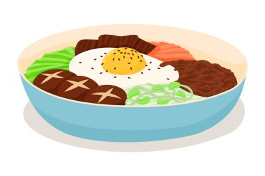 Bibimbap Kore Geleneksel Yemekleri. Pirinç ve Mavi Kasedeki Çeşitli Malzemeler