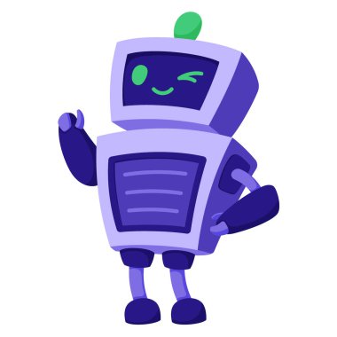 Katı mavi arka planda göz kırpan bir ifadesi olan sevimli yapay zeka robot karakteri. Arkadaş canlısı yapay zeka, sanal asistan hizmetleri ve kişisel dokunuşu olan modern teknoloji..
