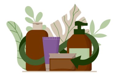 Geri dönüşüm okları ve beyaz yapraklı kozmetik kaplar. Doğal, organik, temiz güzellik ve ekolojik bilinçli markalaşma için yenileme ve yeniden kullanılabilir ambalaj ile sürdürülebilir cilt konsepti