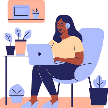 Kadın rahat bir şekilde masada oturuyor, dizüstü bilgisayarıyla.