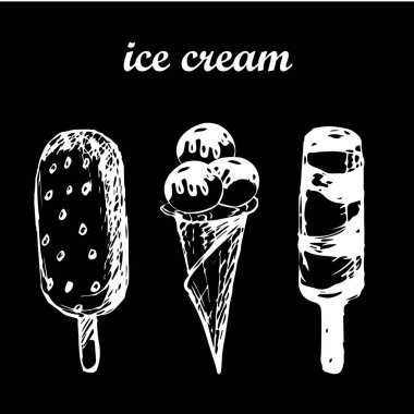 Üç adet dondurma külahı taslağı, el çizimi vektör çizimi siyah tahtaya tebeşirle çizilmiş. Menü kafe ve restoran için kullanılabilir.