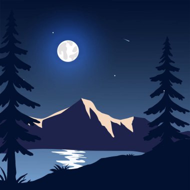 Vektör çizimi. Minimalist geçmişleri var. Düz konsept. Dağ manzarası, orman ağaçları, gece manzarası, su ve kayalar. Pankart, günlük iletisi, sosyal medya şablonu için tasarım