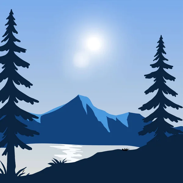 Vektör çizimi. Minimalist geçmişleri var. Düz konsept. Dağ manzarası, orman ağaçları, gündüz manzarası, su ve kayalar. Pankart, günlük iletisi, sosyal medya şablonu için tasarım