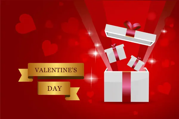 Sevgililer Günü tasarımı. Gerçekçi kırmızı hediye kutuları. Dekoratif nesnelerle dolu hediye kutusunu aç. Tatil afişi, web posteri, şık broşür, tebrik kartı, kapak. Romantik arkaplan