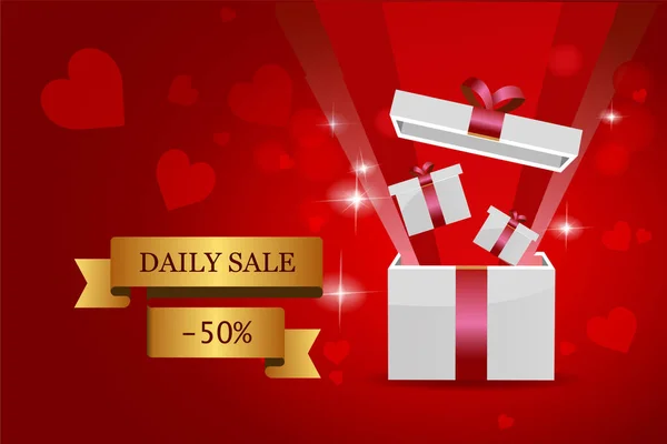 Sevgililer Günü tasarımı. Gerçekçi kırmızı hediye kutuları. Dekoratif nesnelerle dolu hediye kutusunu aç. Tatil afişi, web posteri, şık broşür, tebrik kartı, kapak. Romantik arkaplan