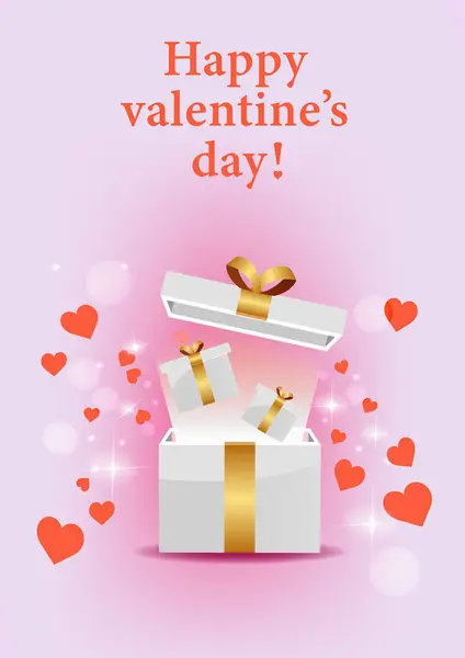 Sevgililer Günü tasarımı. Gerçekçi kırmızı hediye kutuları. Dekoratif nesnelerle dolu hediye kutusunu aç. Tatil afişi, web posteri, şık broşür, tebrik kartı, kapak. Romantik arkaplan