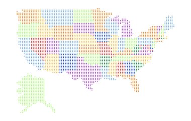 Amerika Birleşik Devletleri 'nin farklı renklerde eyaletlerle işaretlenmiş haritası. Amerika Birleşik Devletleri haritasının minimalist bir şekilde tüm devletlerle noktalı çizimi.