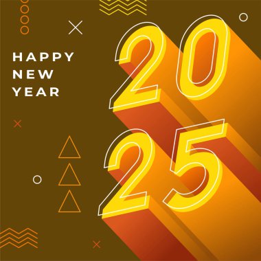 Yeni Yıl 2024 afiş tasarımı. Sarı renkli 3D numaralar. 2024 posteri için şık minimalist tasarım