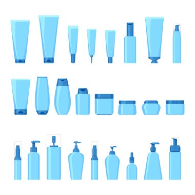 Mavi renkli kozmetik ambalaj resimlerinin basit bir şekilde toplanması. Tüpler, sprey, kavanozlar ve diğer kozmetik ambalajları.