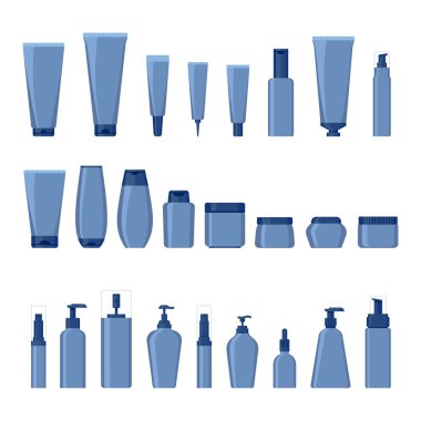 Koyu mavi renkli kozmetik ambalaj resimlerinin basit bir şekilde toplanması. Tüpler, sprey, kavanozlar ve diğer kozmetik ambalajları.