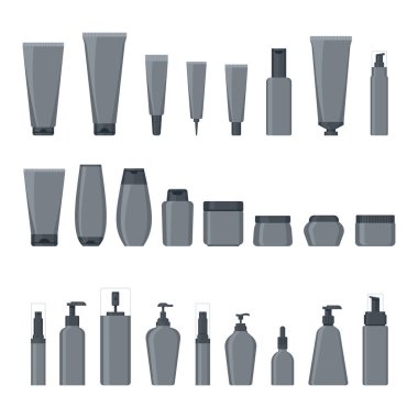 Gri renkli kozmetik ambalaj resimlerinin basit bir şekilde toplanması. Tüpler, sprey, kavanozlar ve diğer kozmetik ambalajları.
