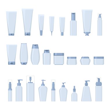 Gri renkli kozmetik ambalaj resimlerinin basit bir şekilde toplanması. Tüpler, sprey, kavanozlar ve diğer kozmetik ambalajları.