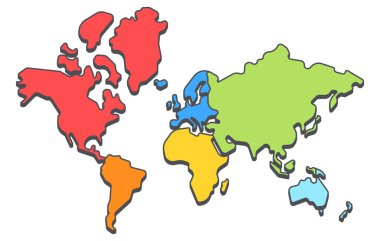 Kıtalarla izometrik dünya haritasının basitleştirilmiş vektör çizimi. Vurgulanmış kıtalar ile modern minimalist tarzda dünya haritası