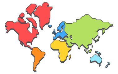 Kıtalarla izometrik dünya haritasının basitleştirilmiş vektör çizimi. Vurgulanmış kıtalar ile modern minimalist tarzda dünya haritası