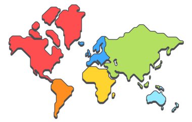 Kıtalarla izometrik dünya haritasının basitleştirilmiş vektör çizimi. Vurgulanmış kıtalar ile modern minimalist tarzda dünya haritası