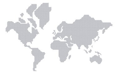 Altıgenlerden oluşan stilize bir dünya haritası. Sunumlar, posterler ve bilgi grafikleri için basit biçimlendirilmiş bir dünya haritası.