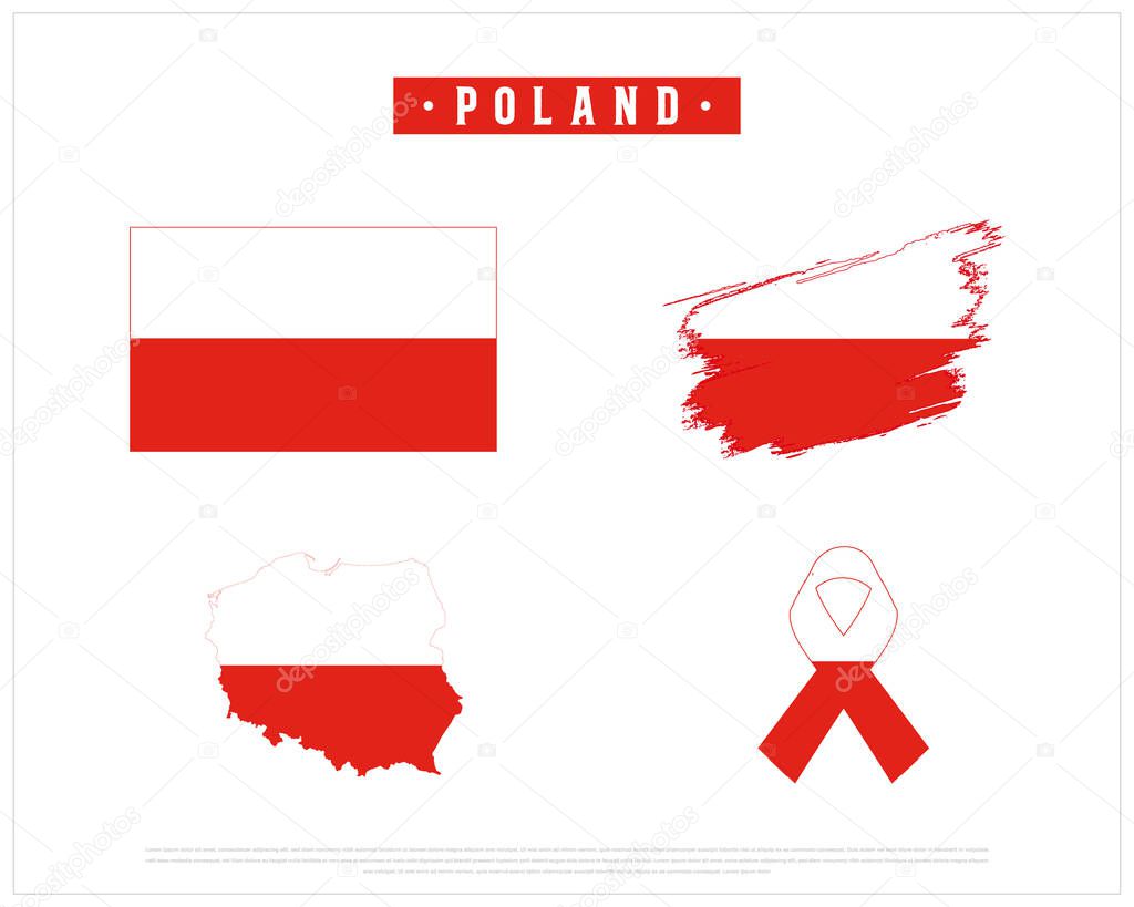 Vector design of Flag of Poland, Brush style flag of Poland, Ribbon flag of Poland, and Map of Poland on white background, Editable vector design of Map with flag, Ribbon with flag, Brush flag, and National flag of Poland, Independence Day Design