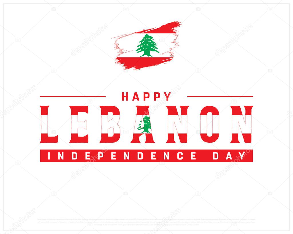 Happy Lebanon Independence Day Design on a red background, Independence Day of Lebanon with brush flag, Typographic Design of Lebanon Independence Day, Editable vector Design, Typography Design, Flag of Lebanon, white Typography