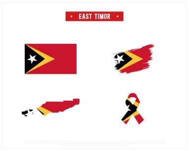 Vector design of Flag of East Timor, Brush style flag of East Timor, Ribbon flag, and Map of East Timor on white background clipart