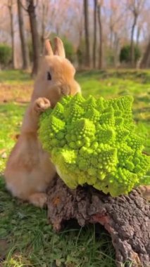 Bu video çimenli bir alanda oturan ve büyük bir Romanesco brokoli yiyen açık kahverengi bir tavşanı gösteriyor. Sahne açık havada, arka planda ağaçlar var. Videonun cazibesi şirin tavşanın yan yana gelmesinden kaynaklanıyor..