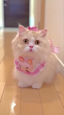 Bu video tüylü, açık renkli bir kedinin pembe örülü bir kıyafet giydiğini gösteriyor. İçinde şapka ve küçük bir fare aplikasyonlu önlük var. Kedi açık kahverengi bir koridorda oturuyor.. 